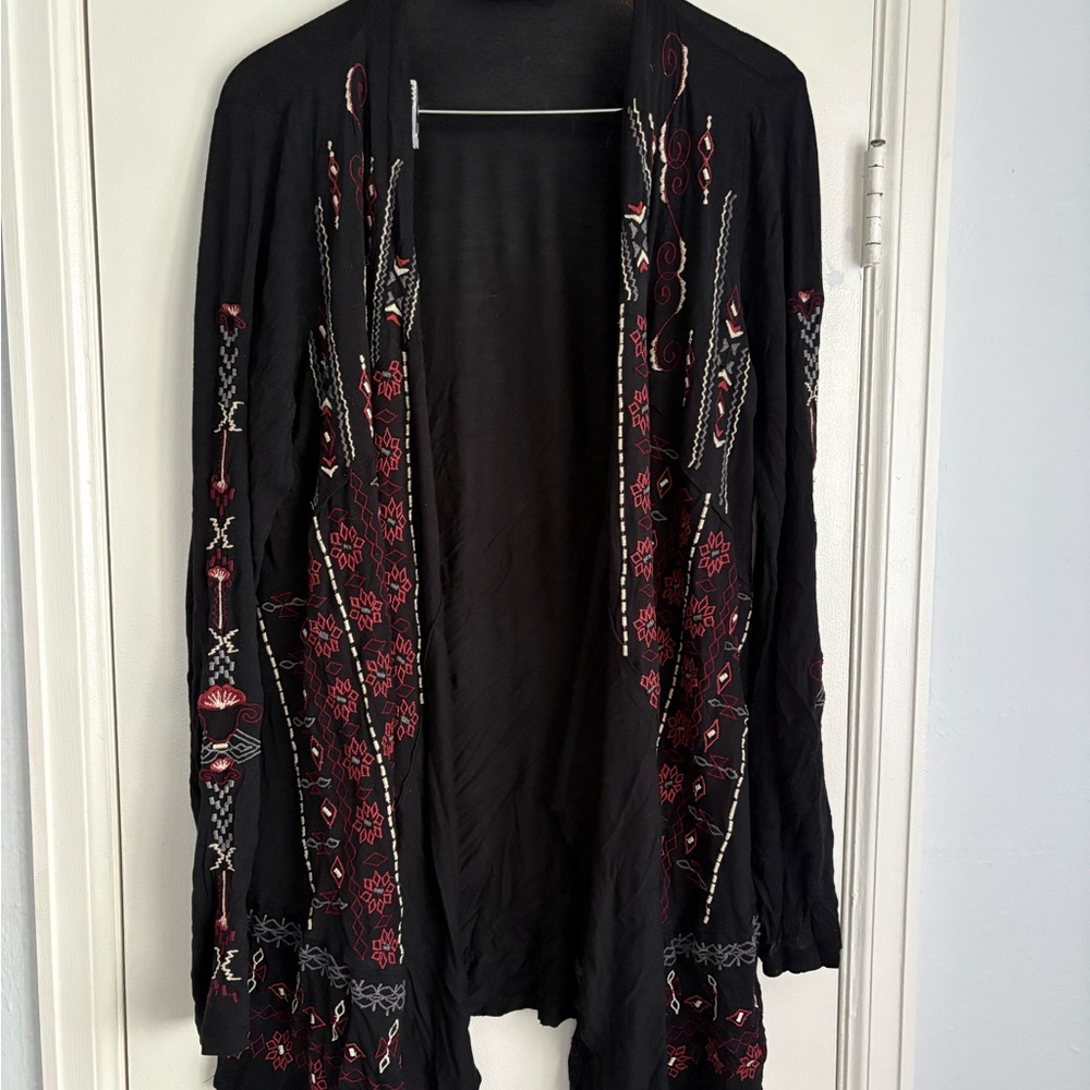 Long Black Cardigan with Red and white Embroidery